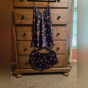 Cozy Rozy Cami and ShortS Pajama Set.  2 Pieces. Black W/Cherries.  Size L.